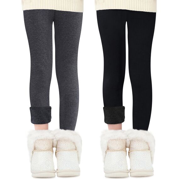 Domee Mädchen Thermo Leggings Gefütterte Hose Winter Warme Baumwolle 2er-Pack Schwarz Dunkelgrau 152-158 (Herstellergröße 170)