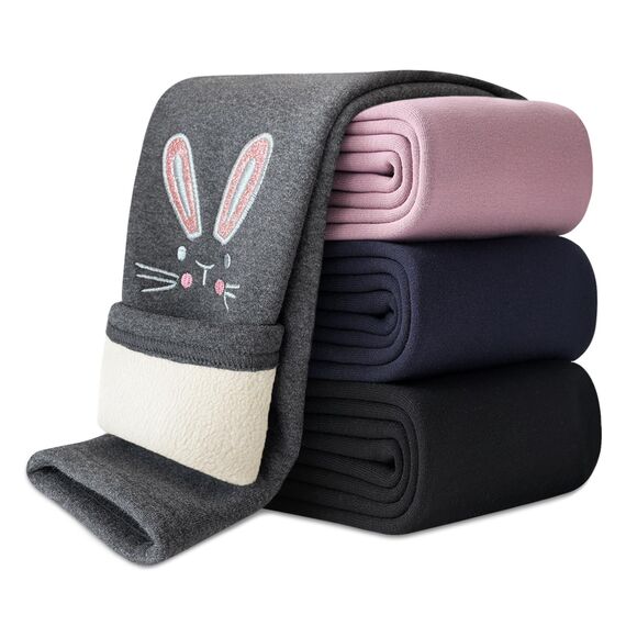 Domee Mädchen Leggings Gefüttert Thermohose Warme Winter Baumwolle Bestickter Hase Grau 92-98 (Herstellergröße 100)