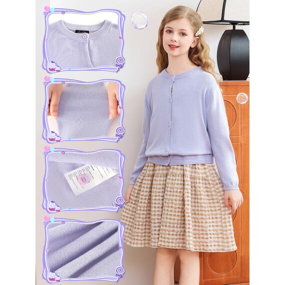 Soudittur Strickjacke Mädchen Basic Kinder Cardigan Lange Ärmel Baumwollstrickpullover Schuluniform mit Knöpfen 120 (DE/NL/SE/PL, Alter, 6 Jahre, 7 Jahre, Regular, Lila)
