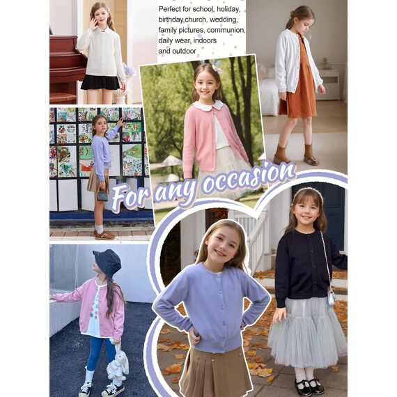 Soudittur Strickjacke Mädchen Basic Kinder Cardigan Lange Ärmel Baumwollstrickpullover Schuluniform mit Knöpfen 120 (DE/NL/SE/PL, Alter, 6 Jahre, 7 Jahre, Regular, Lila)