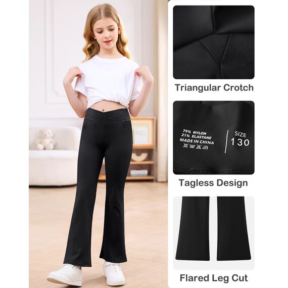Domee Mädchen Leggings Schlaghose Flared Ausgestellte Leggings Sporthose Schwarze Nacht 134-140 (Herstellergröße 140)