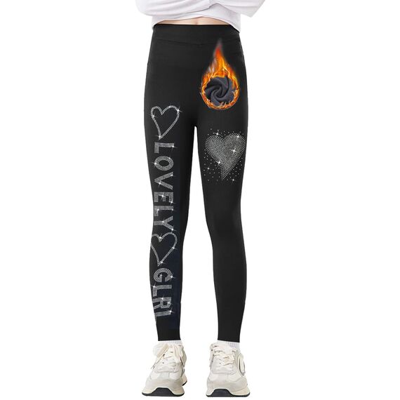 Tilozs Mädchen Thermoleggings Gefütterte Winter Hosen Warm High Waist Elastisch Sport Leggings Kinder mit Diamantdruck, Herzform, 134-140(Herstellergröße: 140)