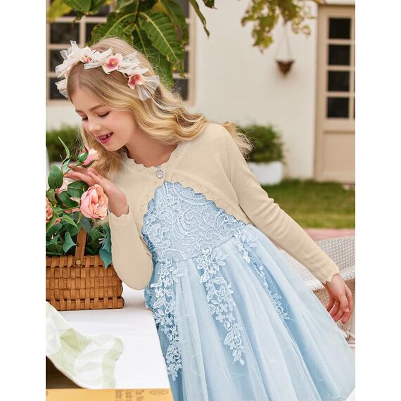 trudge Mädchen Strickjacke Langarm Bolero Jacke Kinder Shrug Top Elegante Festlich Schulterjacke Frühling Kurz Cardigan mit Knöpfe Khaki 150