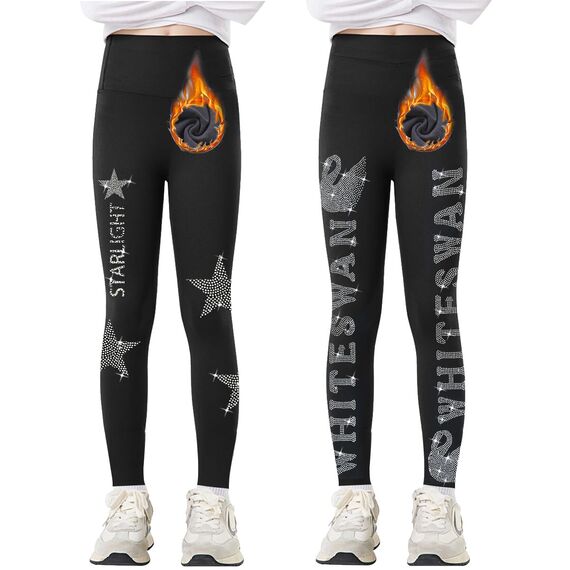 Tilozs Thermo Leggings Mädchen Gefütterte Winter Sport Leggings High Waist Elastisch Dicke Warm Hosen 2er-Pack mit Diamantdruck, Von Gänsen+Fünf Spitze Stern, 134-140(Herstellergröße: 140)