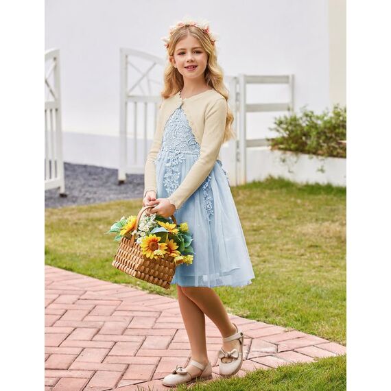 trudge Mädchen Strickjacke Langarm Bolero Jacke Kinder Shrug Top Elegante Festlich Schulterjacke Frühling Kurz Cardigan mit Knöpfe Khaki 140