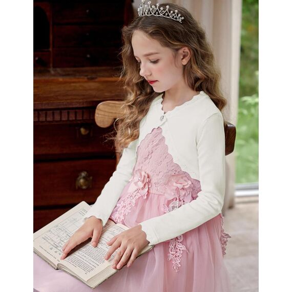 trudge Mädchen Bolero Festlich Baumwolle Strickjacke Langarm Kinder Cardigan Kommunion Tauf Hochzeit Cremeweiß 150