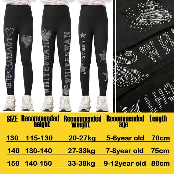 Tilozs Mädchen Thermoleggings Gefütterte Winter Hosen Warm High Waist Elastisch Sport Leggings Kinder mit Diamantdruck, Fünf Spitze Stern, 134-140(Herstellergröße: 140)