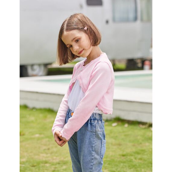 trudge Mädchen Strickjacke Basic Bolero Kinder Langarm Schulterjacke Bolerojäckche Top zum Partykleid Kommunionkleid Taufkleid Rosa 130