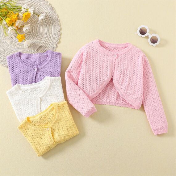 Yealoo Bolero Mädchen mit Lochmuster gestrickt Baumwolle Strickjacke Kinder Bolerojacke Schulterjacke Rundhals Langarm