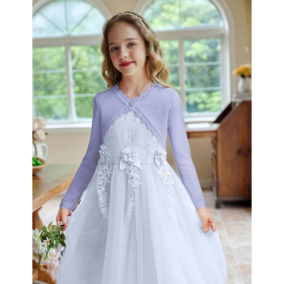 trudge Mädchen Bolero Jacke Langarm Strickjacke Kinder Shrug Top Elegante Festlich Schulterjacke Frühling Kurz Cardigan mit Knöpfe Lila 128/7-8 Jahre
