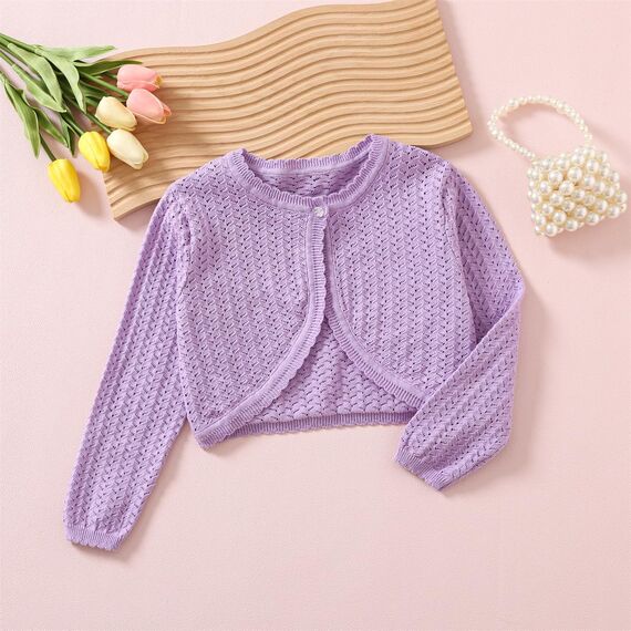 Yealoo Bolero Mädchen mit Lochmuster gestrickt Baumwolle Strickjacke Kinder Bolerojacke Schulterjacke Rundhals Langarm
