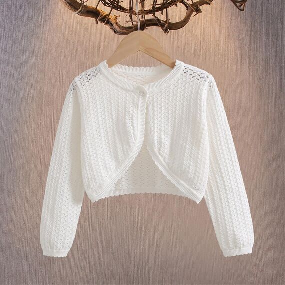 Yealoo Bolero Mädchen mit Lochmuster gestrickt Baumwolle Strickjacke Kinder Bolerojacke Schulterjacke Rundhals Langarm