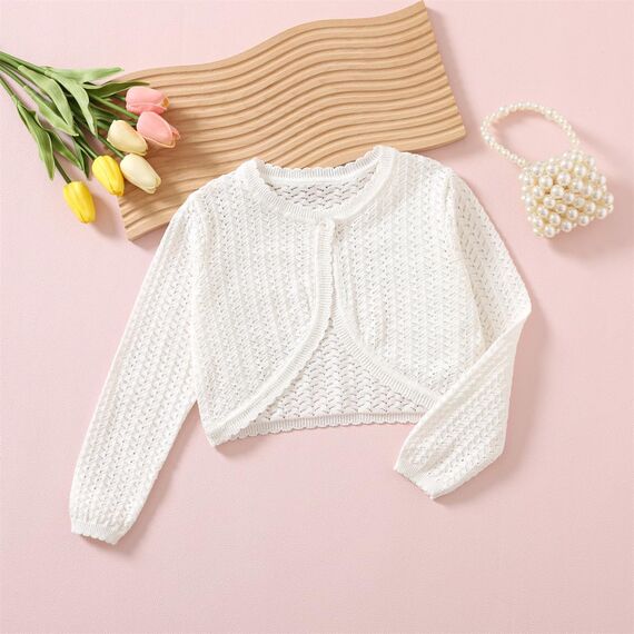 Yealoo Bolero Mädchen mit Lochmuster gestrickt Baumwolle Strickjacke Kinder Bolerojacke Schulterjacke Rundhals Langarm