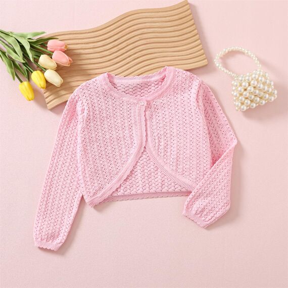 Yealoo Bolero Mädchen mit Lochmuster gestrickt Baumwolle Strickjacke Kinder Bolerojacke Kommunionkleid Rundhals Langarm