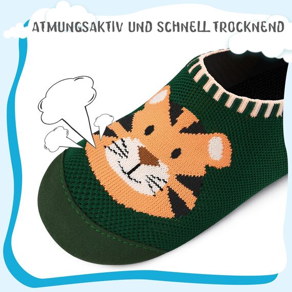 Kyopp Hausschuhe Kinder Junge Mädchen Pantoffeln Rutschfest Barfussschuhe Kindergarten Slippers für Atmungsaktive Weich Lauflernschuhe Kleinkinder Schuhe(Tiger-Grün 20/21EU)