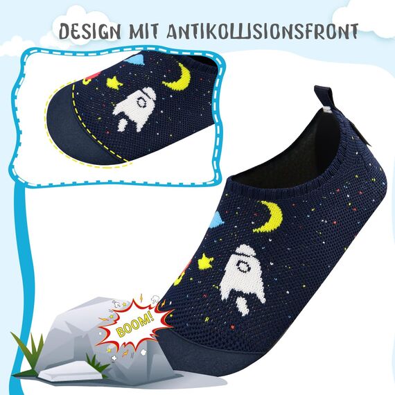 Kyopp Hausschuhe Kinder Junge Mädchen Pantoffeln Rutschfest Barfussschuhe Kindergarten Slippers für Atmungsaktive Weich Lauflernschuhe Kleinkinder Schuhe(Marineblau-Kosmisch 26/27EU)