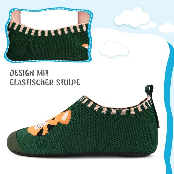 Kyopp Hausschuhe Kinder Junge Mädchen Pantoffeln Rutschfest Barfussschuhe Kindergarten Slippers für Atmungsaktive Weich Lauflernschuhe Kleinkinder Schuhe(Tiger-Grün 26/27EU)