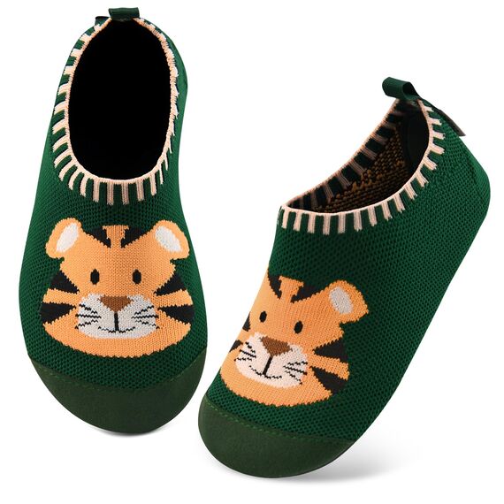 Kyopp Hausschuhe Kinder Junge Mädchen Pantoffeln Rutschfest Barfussschuhe Kindergarten Slippers für Atmungsaktive Weich Lauflernschuhe Kleinkinder Schuhe(Tiger-Grün 22/23EU)