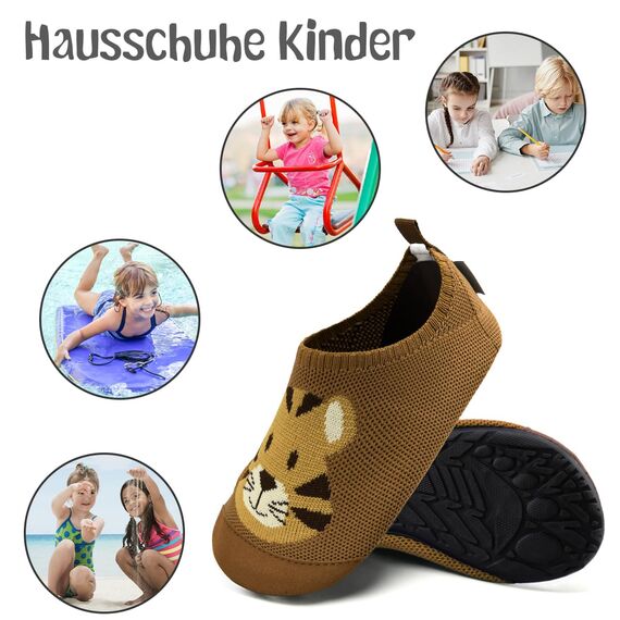 Kyopp Hausschuhe Kinder Junge Mädchen Pantoffeln Rutschfest Barfussschuhe Kindergarten Slippers für Atmungsaktive Weich Lauflernschuhe Kleinkinder Schuhe(Tiger-Curry 26/27EU)