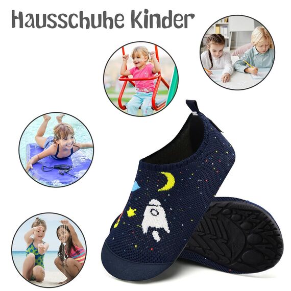 Kyopp Hausschuhe Kinder Junge Mädchen Pantoffeln Rutschfest Barfussschuhe Kindergarten Slippers für Atmungsaktive Weich Lauflernschuhe Kleinkinder Schuhe(Marineblau-Kosmisch 26/27EU)