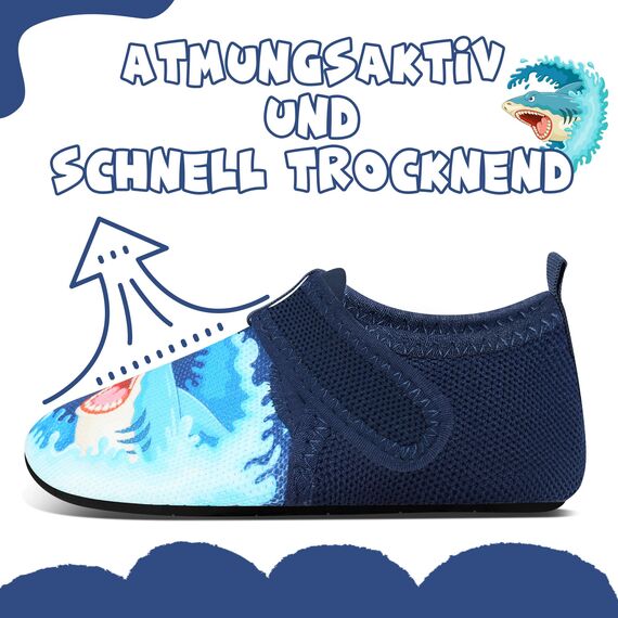 Kyopp Hausschuhe Kinder Junge Klettverschluss Schuhe Mädchen Pantoffeln Rutschfest Slippers für Atmungsaktive Weich Lauflernschuhe Kleinkinder Schuhe(Hai Blau 22/23EU)