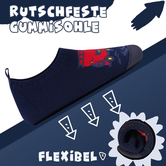 Kyopp Hausschuhe Kinder Junge Mädchen Pantoffeln Rutschfest Barfussschuhe Kindergarten Slippers für Atmungsaktive Weich Lauflernschuhe Kleinkinder Schuhe(Marineblaues Feuerwehrauto-N 26/27EU)
