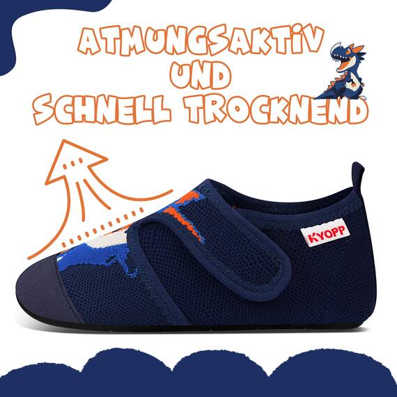 Kyopp Hausschuhe Kinder Junge Klettverschluss Schuhe Mädchen Pantoffeln Rutschfest Slippers für Atmungsaktive Weich Kleinkinder Schuhe(Dinosaurier Dunkelblau 22/23EU)