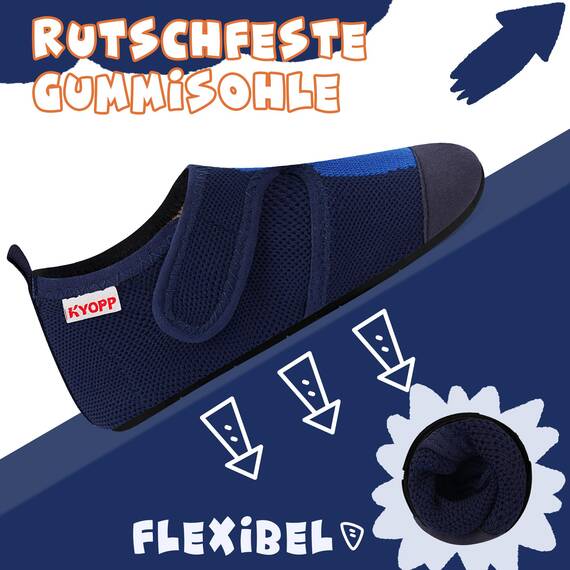 Kyopp Hausschuhe Kinder Junge Klettverschluss Schuhe Mädchen Pantoffeln Rutschfest Slippers für Atmungsaktive Weich Kleinkinder Schuhe(Dinosaurier Dunkelblau 22/23EU)