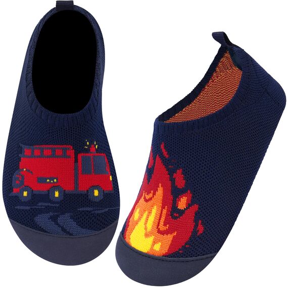 Kyopp Hausschuhe Kinder Junge Mädchen Pantoffeln Rutschfest Barfussschuhe Kindergarten Slippers für Atmungsaktive Weich Lauflernschuhe Kleinkinder Schuhe(Marineblaues Feuerwehrauto-N 26/27EU)