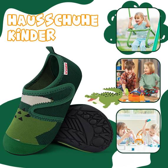 Kyopp Hausschuhe Kinder Junge Klettverschluss Schuhe Mädchen Pantoffeln Rutschfest Slippers für Atmungsaktive Weich Kleinkinder Schuhe(Krokodil Grün 24/25EU)