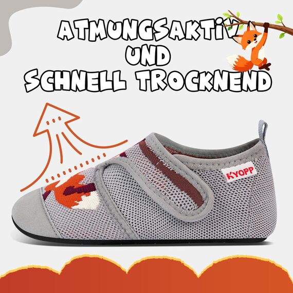 Kyopp Hausschuhe Kinder Junge Klettverschluss Schuhe Mädchen Pantoffeln Rutschfest Slippers für Atmungsaktive Weich Kleinkinder Schuhe(Fuchs Grau 26/27EU)