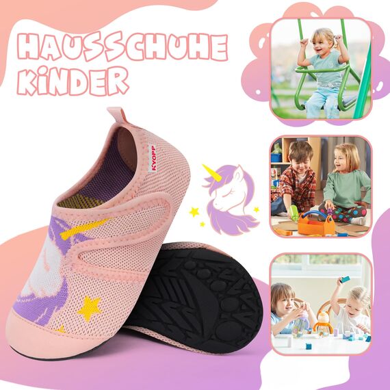 Kyopp Hausschuhe Kinder Junge Klettverschluss Schuhe Mädchen Pantoffeln Rutschfest Slippers für Atmungsaktive Weich Kleinkinder Schuhe(Einhorn Hellrosa 26/27EU)