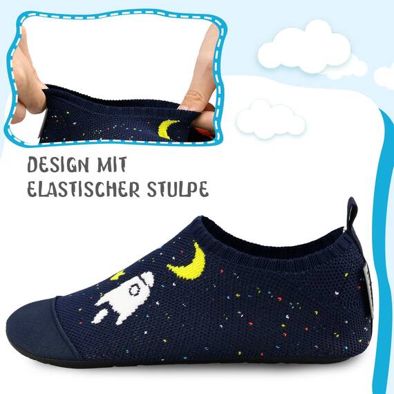 Kyopp Hausschuhe Kinder Junge Mädchen Pantoffeln Rutschfest Barfussschuhe Kindergarten Slippers für Atmungsaktive Weich Lauflernschuhe Kleinkinder Schuhe(Marineblau-Kosmisch 32/33EU)