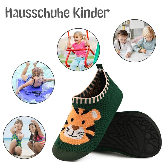 Kyopp Hausschuhe Kinder Junge Mädchen Pantoffeln Rutschfest Barfussschuhe Kindergarten Slippers für Atmungsaktive Weich Lauflernschuhe Kleinkinder Schuhe(Tiger-Grün 36/37EU)