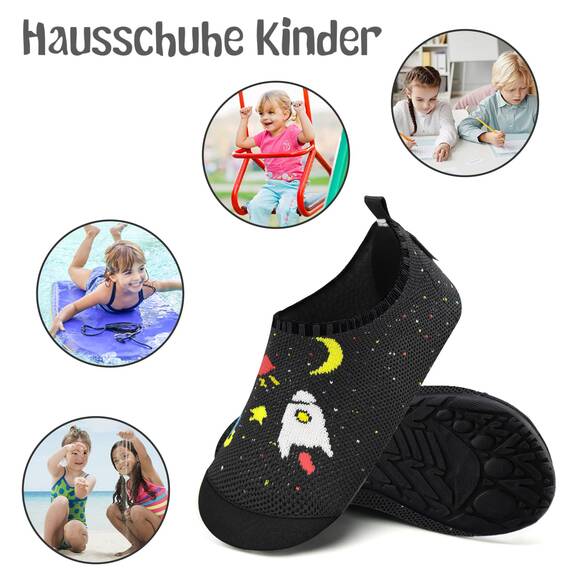 Kyopp Hausschuhe Kinder Junge Mädchen Pantoffeln Rutschfest Barfussschuhe Kindergarten Slippers für Atmungsaktive Weich Lauflernschuhe Kleinkinder Schuhe(Schwarzer-Kosmisch 30/31EU)