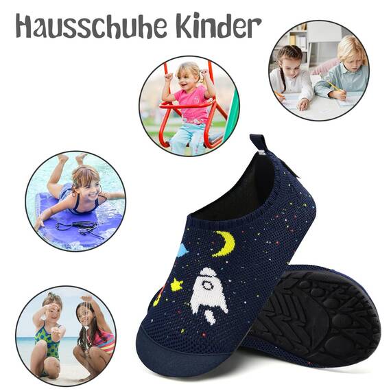 Kyopp Hausschuhe Kinder Junge Mädchen Pantoffeln Rutschfest Barfussschuhe Kindergarten Slippers für Atmungsaktive Weich Lauflernschuhe Kleinkinder Schuhe(Marineblau-Kosmisch 32/33EU)