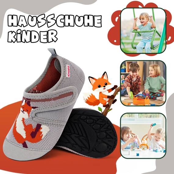 Kyopp Hausschuhe Kinder Junge Klettverschluss Schuhe Mädchen Pantoffeln Rutschfest Slippers für Atmungsaktive Weich Kleinkinder Schuhe(Fuchs Grau 32/33EU)