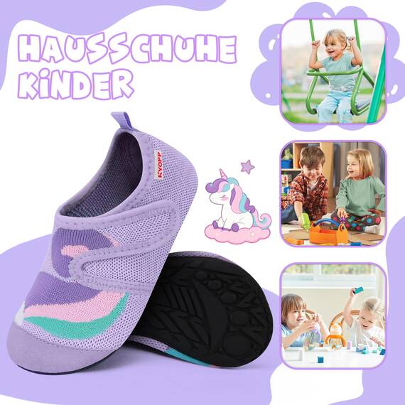 Kyopp Hausschuhe Kinder Junge Klettverschluss Schuhe Mädchen Pantoffeln Rutschfest Slippers für Atmungsaktive Weich Kleinkinder Schuhe(Einhorn Lila 32/33EU)