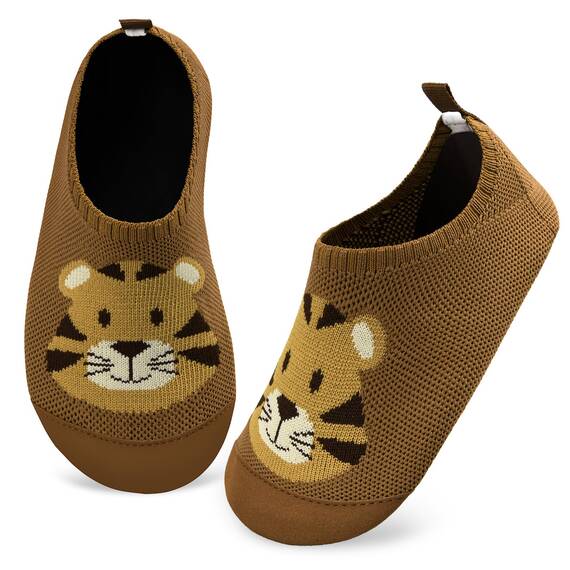 Kyopp Hausschuhe Kinder Junge Mädchen Pantoffeln Rutschfest Barfussschuhe Kindergarten Slippers für Atmungsaktive Weich Lauflernschuhe Kleinkinder Schuhe(Tiger-Curry 30/31EU)