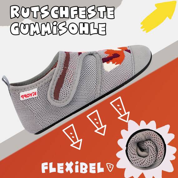Kyopp Hausschuhe Kinder Junge Klettverschluss Schuhe Mädchen Pantoffeln Rutschfest Slippers für Atmungsaktive Weich Kleinkinder Schuhe(Fuchs Grau 32/33EU)