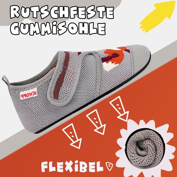 Kyopp Hausschuhe Kinder Junge Klettverschluss Schuhe Mädchen Pantoffeln Rutschfest Slippers für Atmungsaktive Weich Kleinkinder Schuhe(Fuchs Grau 34/35EU)