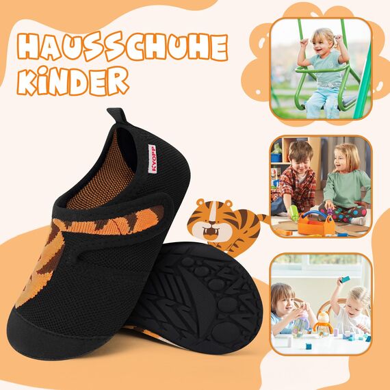 Kyopp Hausschuhe Kinder Junge Klettverschluss Schuhe Mädchen Pantoffeln Rutschfest Slippers für Atmungsaktive Weich Kleinkinder Schuhe(Tiger Schwarz 34/35EU)