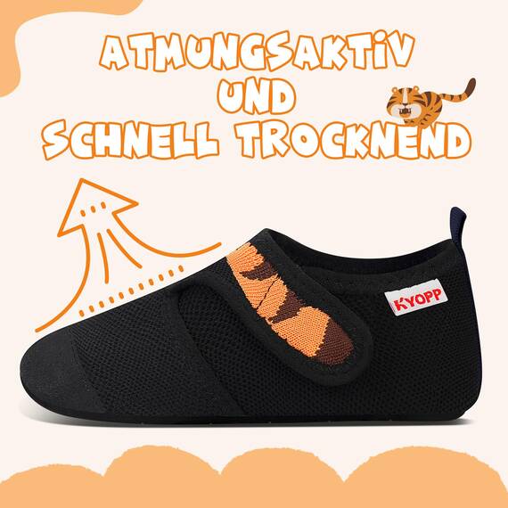 Kyopp Hausschuhe Kinder Junge Klettverschluss Schuhe Mädchen Pantoffeln Rutschfest Slippers für Atmungsaktive Weich Kleinkinder Schuhe(Tiger Schwarz 32/33EU)