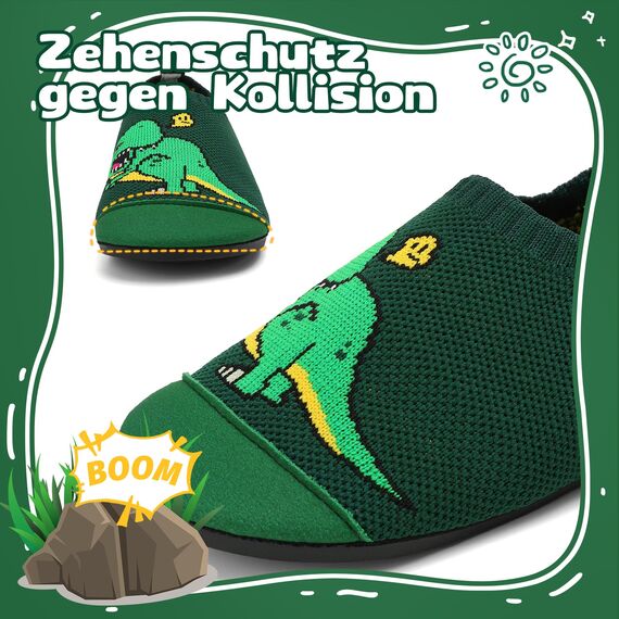 VOLHAL Hausschuhe ​Kinder Mädchen Junge Barfussschuhe Pantoffeln Lauflernschuhe ​Rutschfest ​Kindergarten für Atmung saktive​ Weich Kleinkinder Schuhe ​Unisex(Dinosaurier Grün 22EU)