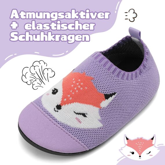 VOLHAL Hausschuhe ​Kinder Mädchen Junge Barfussschuhe Pantoffeln Lauflernschuhe ​Rutschfest ​Kindergarten für Atmung saktive​ Weich Kleinkinder Schuhe ​Unisex(Fuchs Lila 24EU)