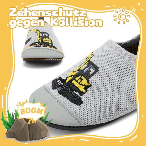 VOLHAL Hausschuhe ​Kinder Mädchen Junge Barfussschuhe Pantoffeln Lauflernschuhe ​Rutschfest ​Kindergarten für Atmung saktive​ Weich Kleinkinder Schuhe ​Unisex(Bagger Grau 31EU)