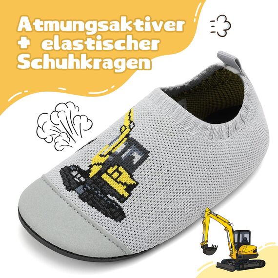 VOLHAL Hausschuhe ​Kinder Mädchen Junge Barfussschuhe Pantoffeln Lauflernschuhe ​Rutschfest ​Kindergarten für Atmung saktive​ Weich Kleinkinder Schuhe ​Unisex(Bagger Grau 29EU)