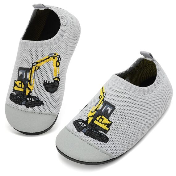 VOLHAL Hausschuhe ​Kinder Mädchen Junge Barfussschuhe Pantoffeln Lauflernschuhe ​Rutschfest ​Kindergarten für Atmung saktive​ Weich Kleinkinder Schuhe ​Unisex(Bagger Grau 29EU)