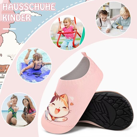 Kyopp Kinder Hausschuhe Junge Mädchen Pantoffeln Aquaschuhe Atmungsaktive Rutschfest Barfussschuhe Slipper Kindergarten Unisex(Katze 30/31 EU)