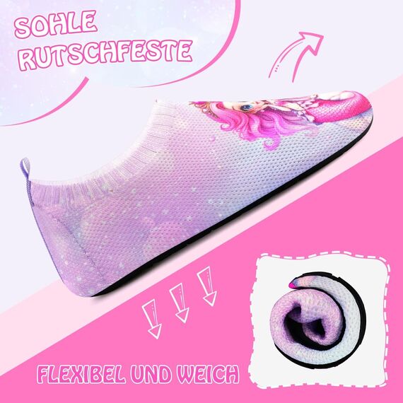 Kyopp Kinder Hausschuhe Junge Mädchen Pantoffeln Aquaschuhe Atmungsaktive Rutschfest Barfussschuhe Slipper Kindergarten Unisex(Rosa Lila Krone Meerjungfrau 24/25 EU)